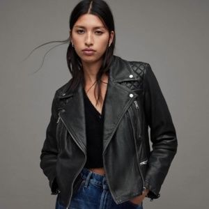 All Saints Cargo Distressed Leather Biker Jacket, Black/Gray, 4